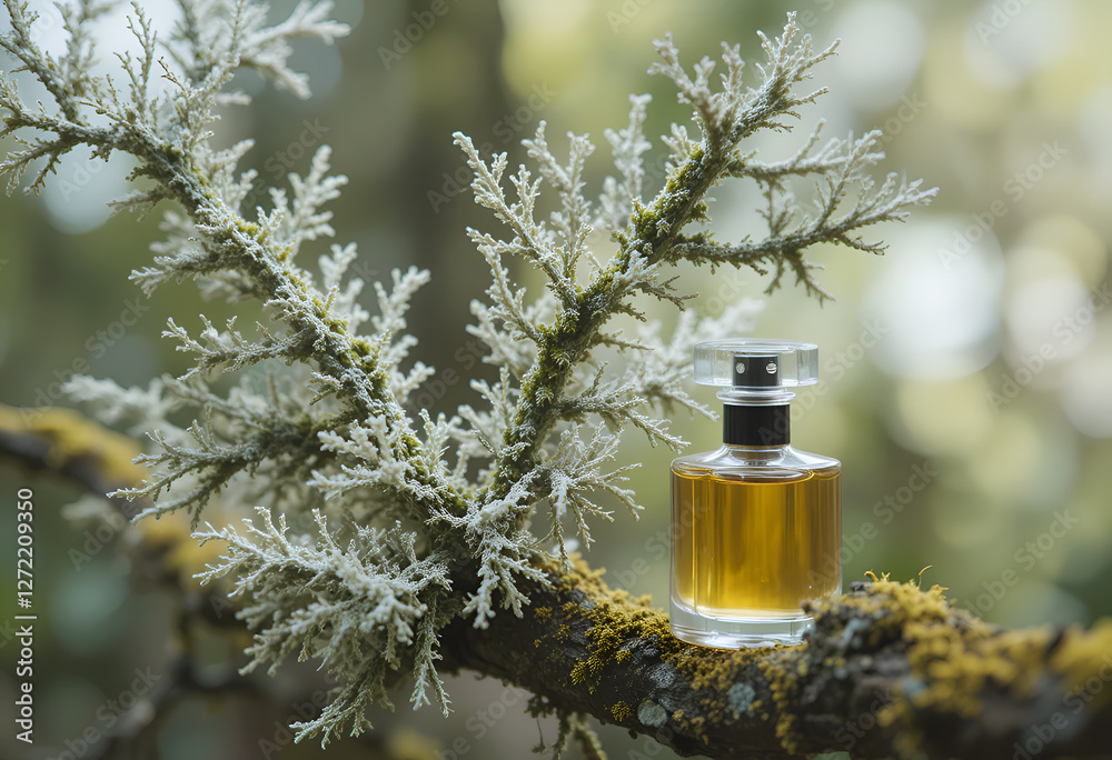 oakmoss ( mousse de chêne), Evernia prunastri with essence of oakmoss against forest background. Ai generated