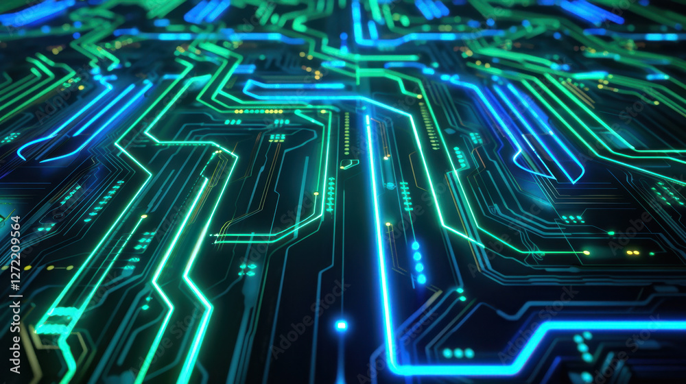 Obraz premium Futuristic circuit board design with glowing lines and patterns, showcasing technology and innovation. vibrant colors create dynamic and modern atmosphere