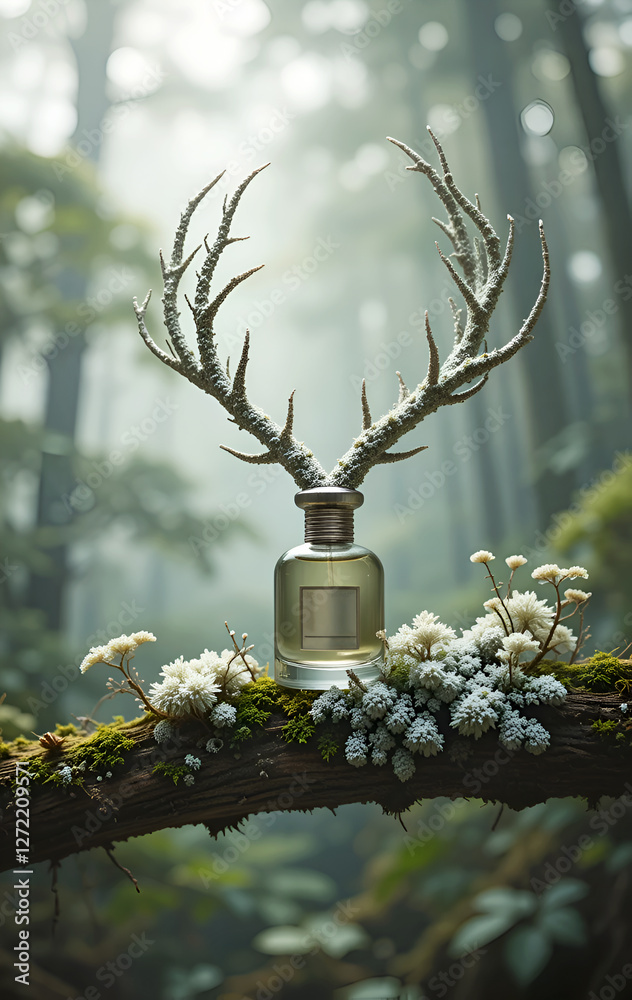 oakmoss ( mousse de chêne), Evernia prunastri with essence of oakmoss against forest background. conceptual digital art. Ai generated