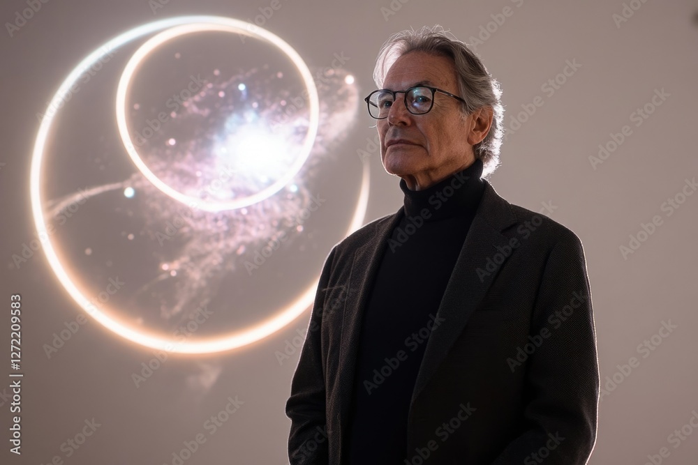 An older man with glasses stands before a large, luminous artwork depicting concentric circles and a nebula. An older man with glasses stands before a large, luminous artwork depicting concentric circles and a nebula.