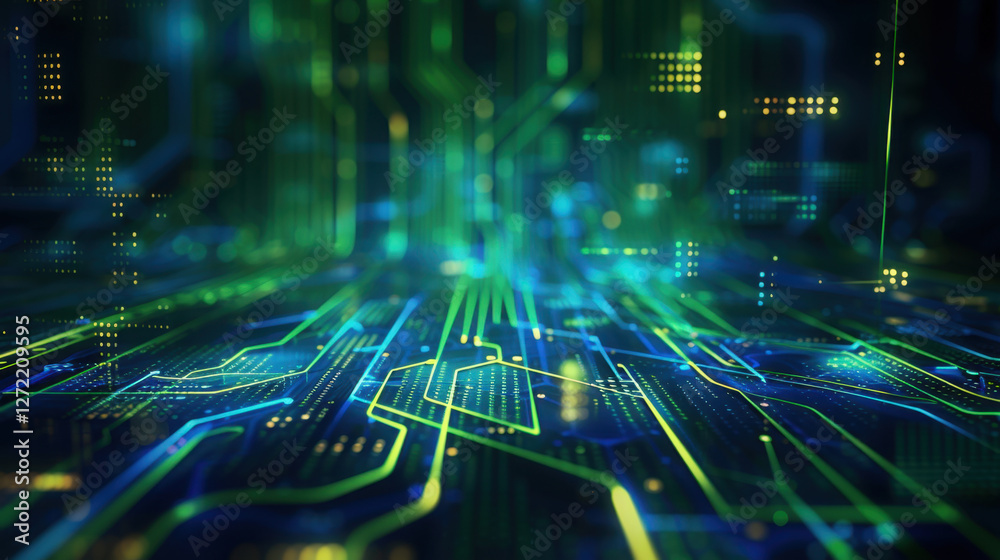 Futuristic digital circuit board with glowing lines and patterns, showcasing technology and innovation in vibrant blue and green color scheme Futuristic digital circuit board with glowing lines and patterns, showcasing technology and innovation in vibrant blue and green color scheme