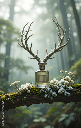Obraz na płótnie oakmoss ( mousse de chêne), Evernia prunastri with essence of oakmoss against forest background. conceptual digital art. Ai generated w salonie
