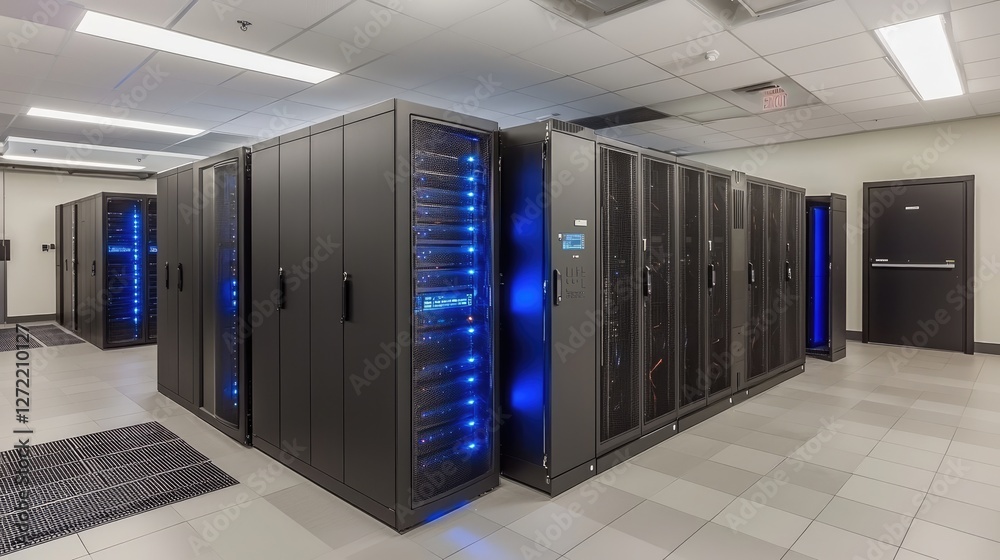 Fototapeta premium Secure data center with advanced server racks and blue LED lights. Ideal for IT security, cloud storage, and digital infrastructure concepts