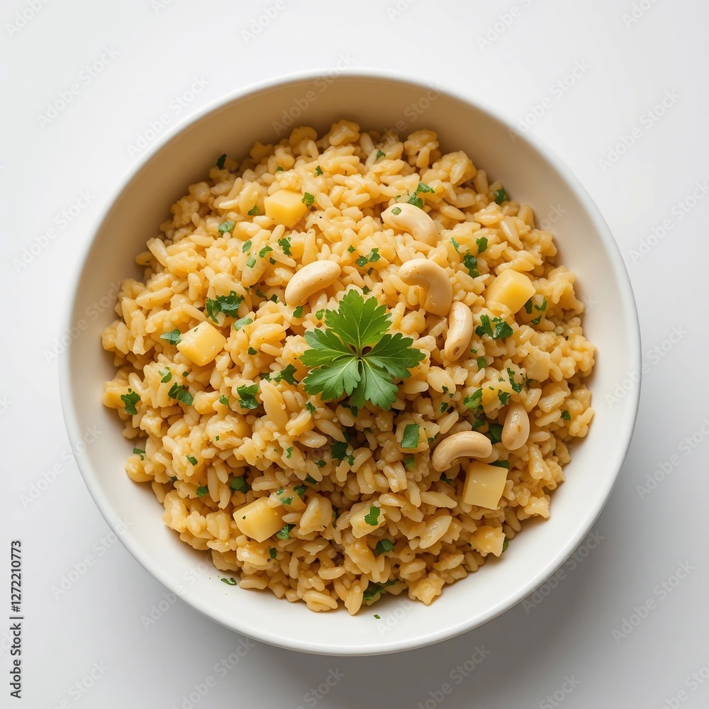 Delicious Creamy Cheese Risotto with Cashews and Parsley Garnish Overhead Shot Delicious Creamy Cheese Risotto with Cashews and Parsley Garnish Overhead Shot