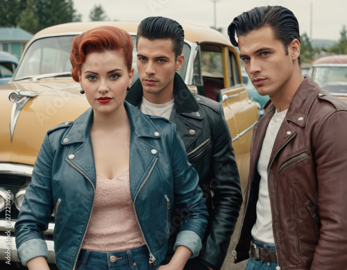 A group of three young rockabilly people dressed in retro style clothes standing next to a classic vintage car, wearing biker jackets, with typical hairdos of this fashion