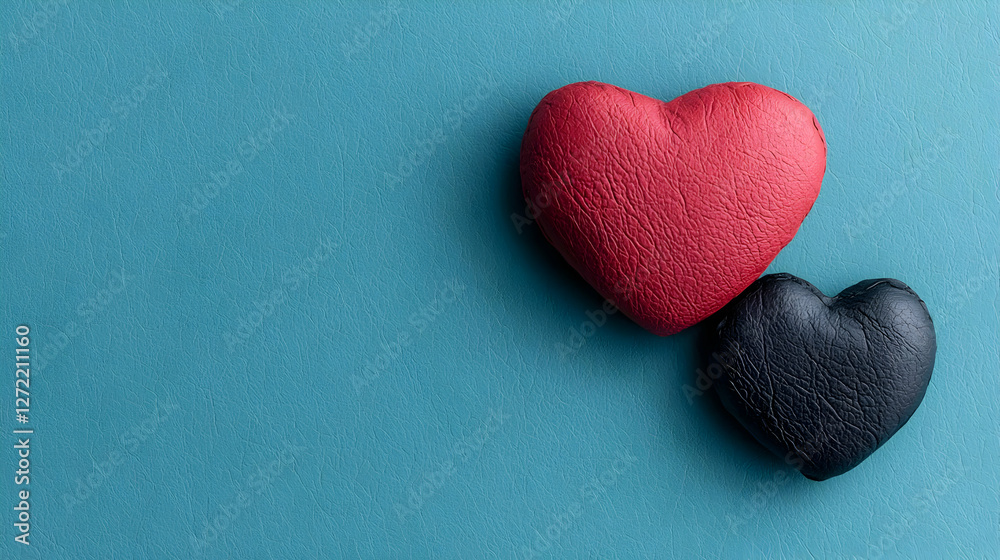 Fototapeta premium Red and black leather hearts placed on a textured teal background with copy space.