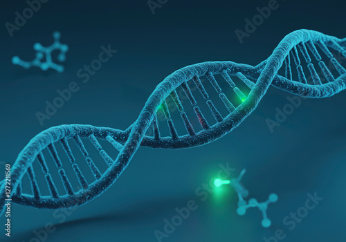 DNA Strand and Molecules. A detailed view of a DNA strand with glowing segments, surrounded by molecular structures. Ideal for genetics, biology, and scientific research themes. photo