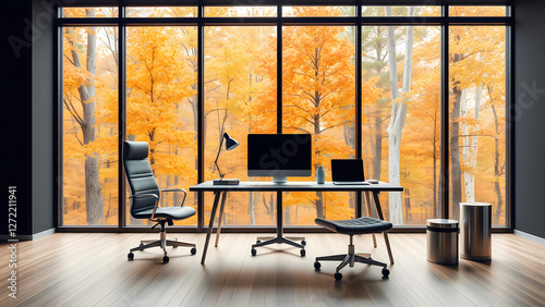 Stylish home office setup with a large window offering views of autumn trees, creating a cozy and productive workspace for remote work and home offices photo