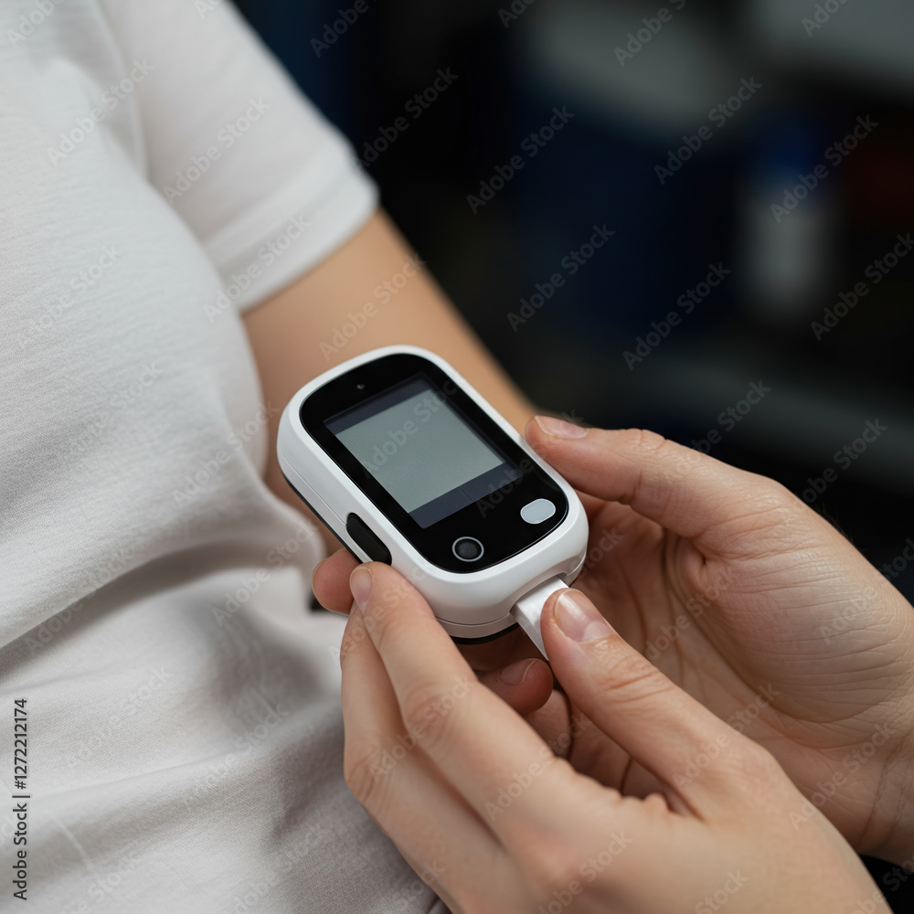Pulse Oximeter in Use. A person using a pulse oximeter to measure blood oxygen levels. Ideal for healthcare, medical devices, and personal health monitoring themes. Pulse Oximeter in Use. A person using a pulse oximeter to measure blood oxygen levels. Ideal for healthcare, medical devices, and personal health monitoring themes.