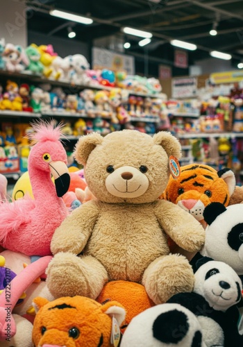 A charming teddy bear sitting peacefully among a collection of colorful plush toys, creating a sense of nostalgia and joy for all ages. photo