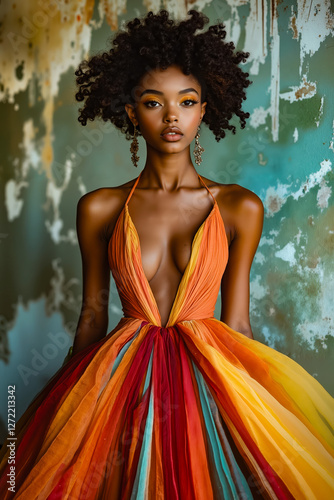 A woman in a colorful dress posing for a picture