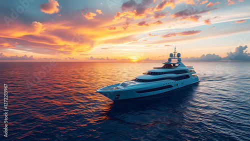 Luxury yacht cruising on the open sea at sunset, showcasing the opulence and beauty of ocean travel and high-end leisure in a serene, scenic environment photo