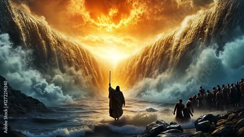 A majestic display of waters being parted as people gather on the shore, illuminated by a vibrant sunset