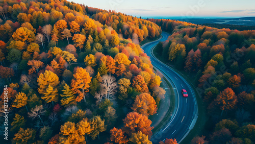 Drone view of a winding road cutting through a dense autumn forest, capturing beautiful fall foliage and nature's stunning seasonal transformation photo