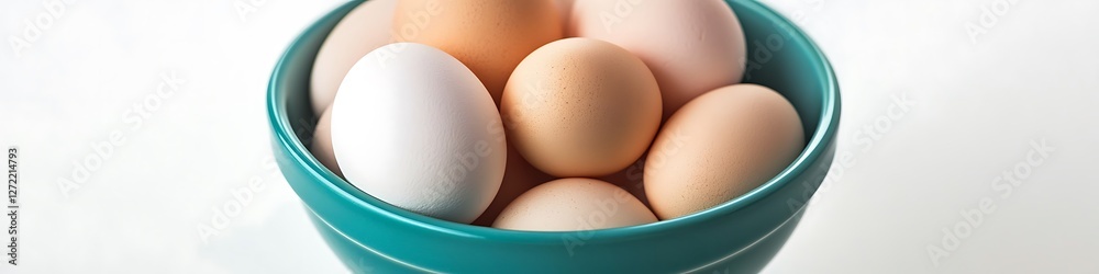 Fresh eggs in a bright turquoise bowl, isolated on white background, ultra HD, Fresh eggs in a bright turquoise bowl, isolated on white background, ultra HD,