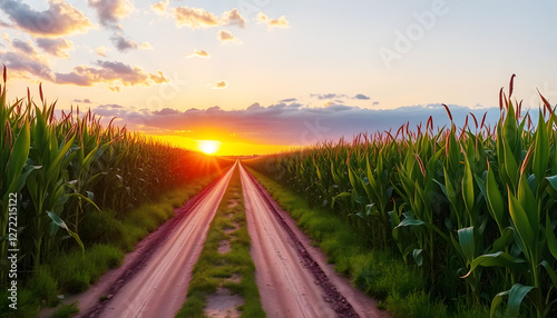 Sunset over a dirt road between tall crops in a rural field, symbolizing agriculture, growth, and nature’s beauty for themes around farming, landscape photography, and rural life photo