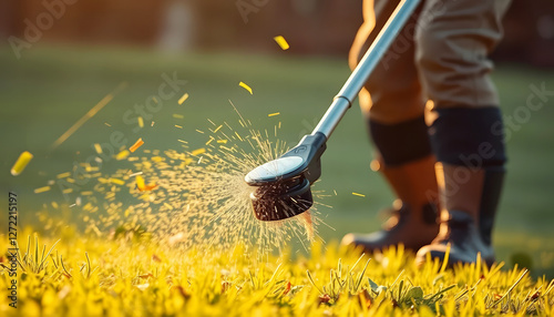 Close-up of a gardener using a grass trimmer in a sunny backyard, symbolizing gardening, landscaping, and outdoor maintenance for themes around lawn care, nature, and gardening tools photo