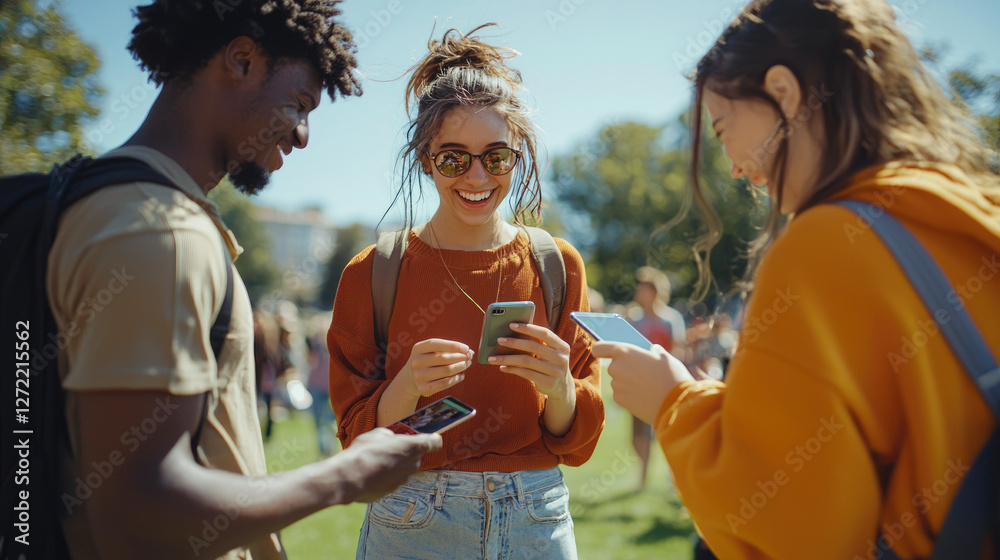 Obraz premium Diverse young adults enjoying outdoor gathering with smartphones in a sunny park setting, smiling and sharing moments