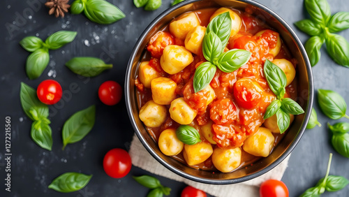 Delicious plate of Italian gnocchi with tomato sauce and fresh basil leaves, perfect for food photography, culinary blogs, and Mediterranean cuisine themes photo