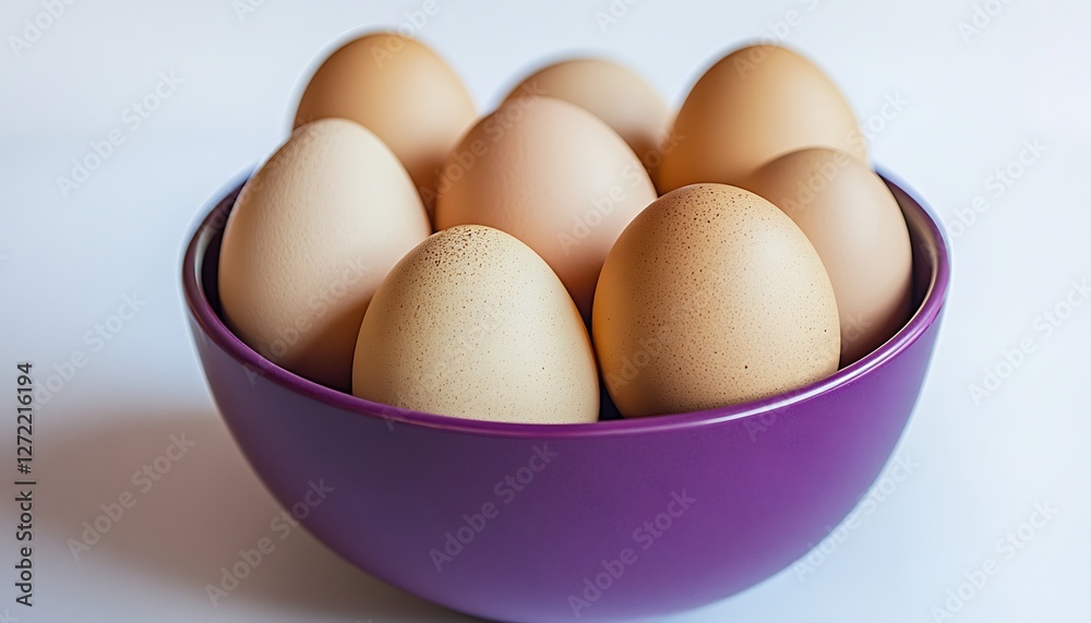 Fresh eggs in a vibrant purple bowl, isolated on white background, full ultra HD, Fresh eggs in a vibrant purple bowl, isolated on white background, full ultra HD,