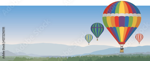 several hot air balloons floating above scenic landscape with a clear blue sky at dawn, suitable for web banner or header