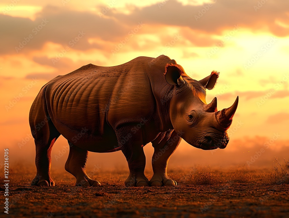 Fototapeta premium A majestic rhinoceros standing at dusk