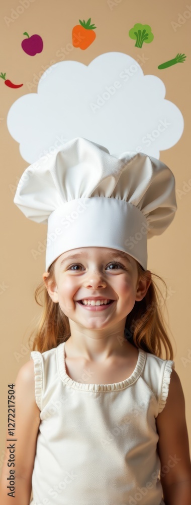 Smiling Little Girl in Chef Hat with Vegetable Decorations. Perfect for children's cooking books, healthy eating campaigns, advertising for kid-friendly food Smiling Little Girl in Chef Hat with Vegetable Decorations. Perfect for children's cooking books, healthy eating campaigns, advertising for kid-friendly food