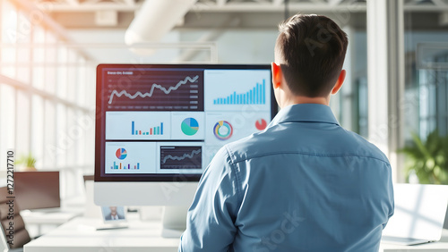 Business professional analyzing financial data on a screen in a modern office environment, representing financial analysis, growth, and data-driven decisions. photo