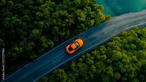 A car driving down a road next to a body of water