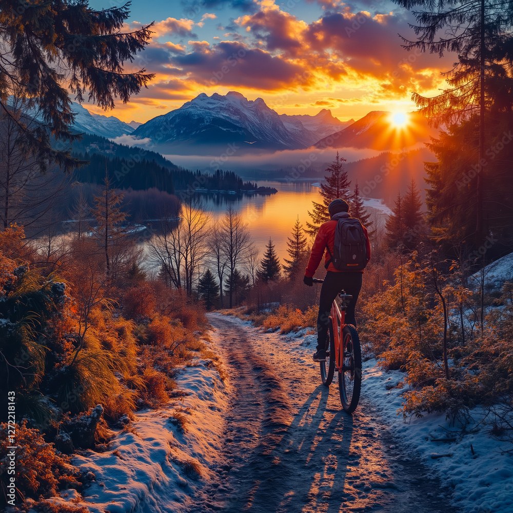 A man riding a mountain bike on a snowy trail in the mountains A man riding a mountain bike on a snowy trail in the mountains