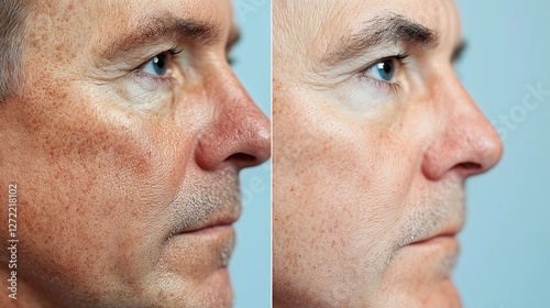 Close-up comparison of a middle-aged man's face, revealing the rejuvenating effects of a cosmetic procedure