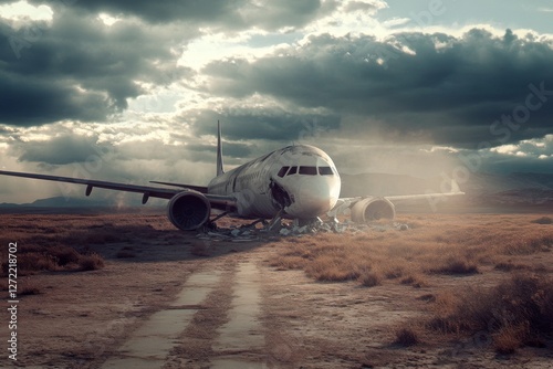 Abandoned airplane rests in a desolate landscape under dramatic cloudy skies photo