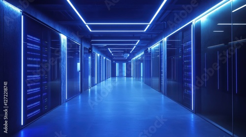 An interior view showcasing server racks lined with blinking LEDs under a soft blue glow surrounded by motionactivated surveillance cameras mounted in each corner emphasizing the facilitys photo