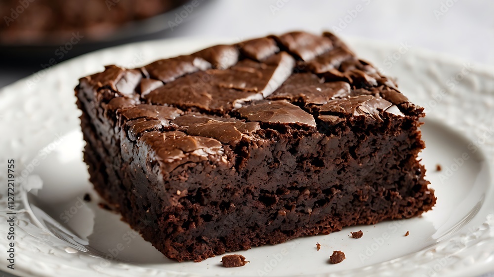 Closeup view of a rich chocolate brownie on a decorative plate Closeup view of a rich chocolate brownie on a decorative plate