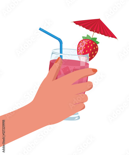 Strawberry cocktail cold drink on hand _stock illustration