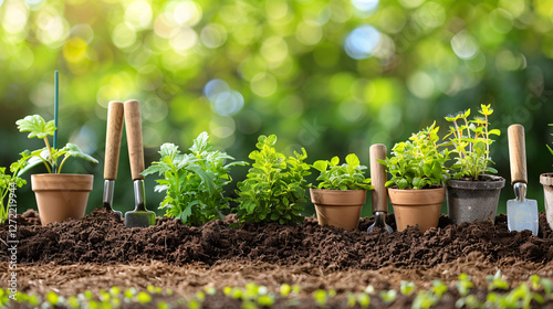 Gardening Tools and Fresh Green Herbs in Spring Garden