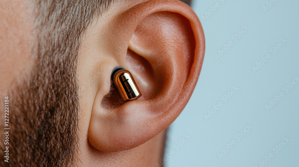 Fototapeta premium Close-up of male ear with modern gold wireless earbud