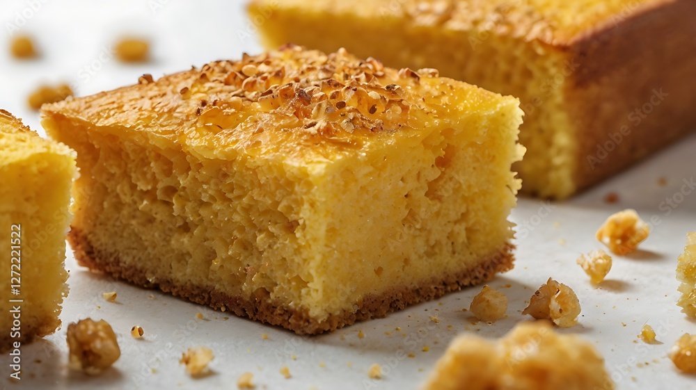 Extreme closeup of a freshly baked piece of cornbread on a neutral backdrop