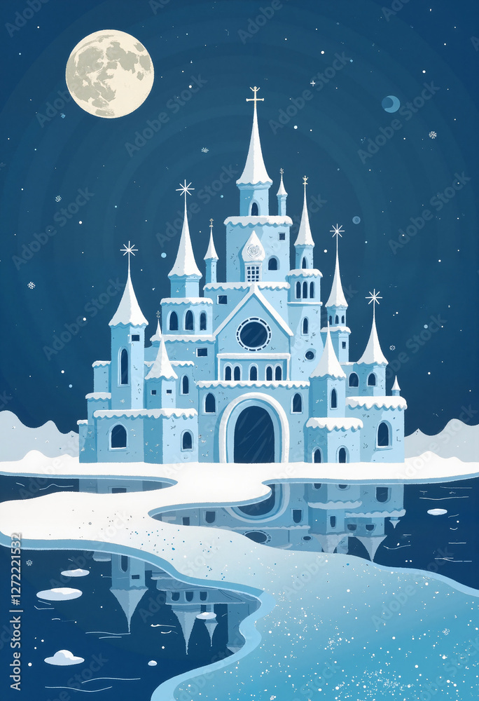 Intricate ice palace illuminated by full moon, winter elegance Intricate ice palace illuminated by full moon, winter elegance