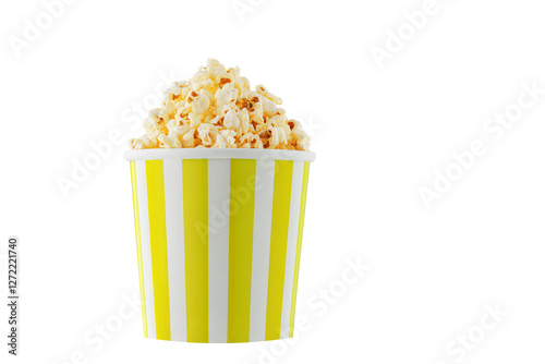 Obraz na płótnie Delicious popcorn, classic box, classic paper cup with Yellow stripe, isolated on white background close-up w salonie
