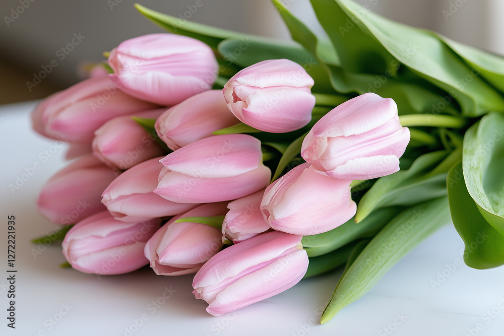 A beautiful bouquet of fresh pink tulips arranged on a white background, symbolizing elegance, love, and springtime freshness.