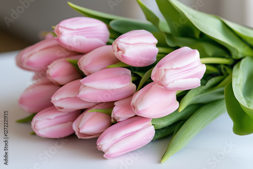 Obraz na płótnie A beautiful bouquet of fresh pink tulips arranged on a white background, symbolizing elegance, love, and springtime freshness. w salonie