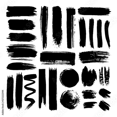 A collection of abstract ink brush strokes and textures. Ideal for digital artwork, grunge design, typography, and artistic backgrounds.