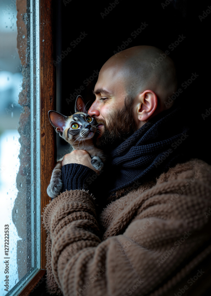 Obraz premium A man holding a cat in his arms by a window