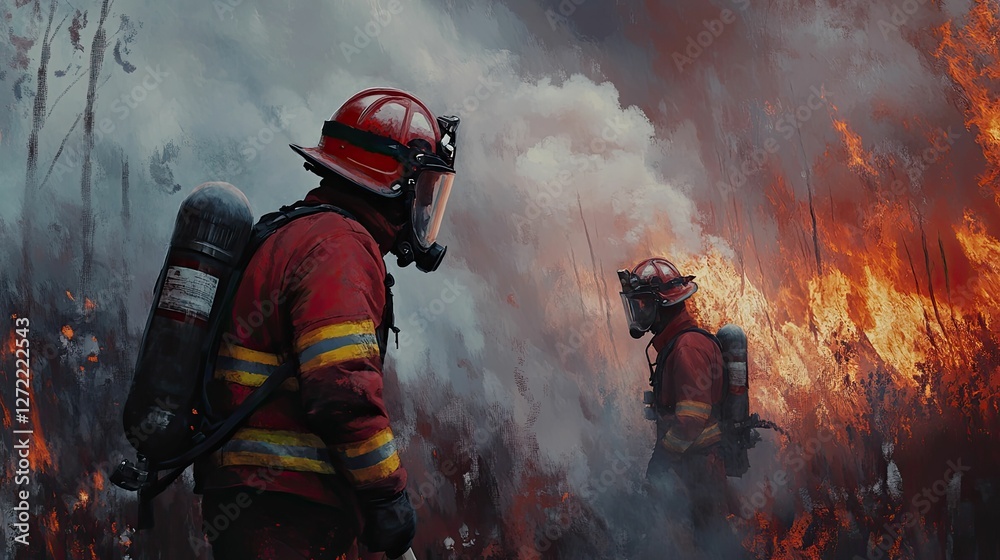 Obraz premium Two firefighters battling intense wildfire, smoke billowing.