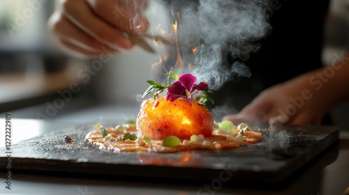 Chef flambeing a salmon dish, restaurant kitchen