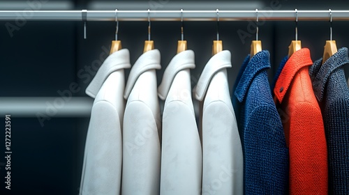 A row of stylish coats hanging on a rack in a modern retail store, showcasing fashion trends photo