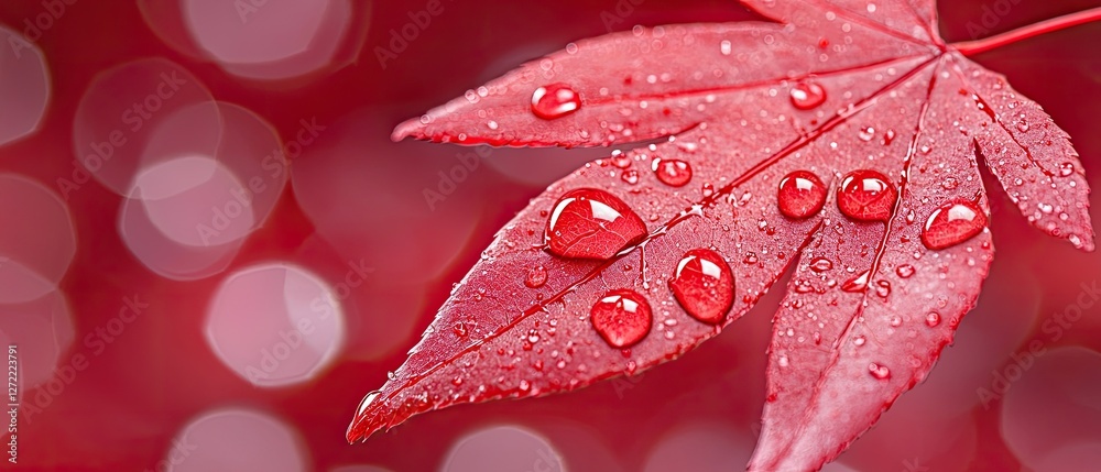Fototapeta premium Red Maple Leaf Glistening With Dew Drops
