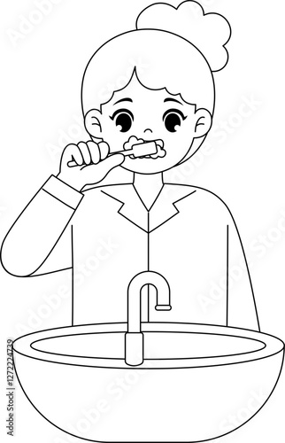 cute kid brushing teeth outline coloring printable