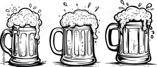 Black-And-White Line Drawing Of A Beer Mug set, isolated on white background.